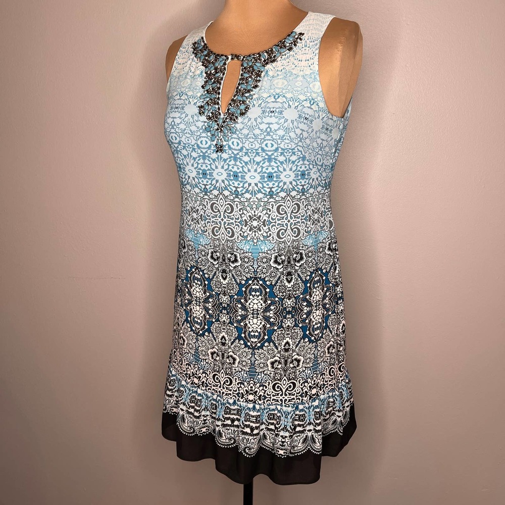 WHBM Oasis Blue Shift Lined Dress Embellished Print Sleeveless Small Petite